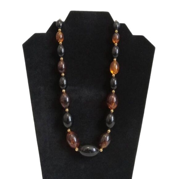 Vintage Black & Brown Transparent Ovoid Beaded Single Strand Layering Necklace - Picture 1 of 9